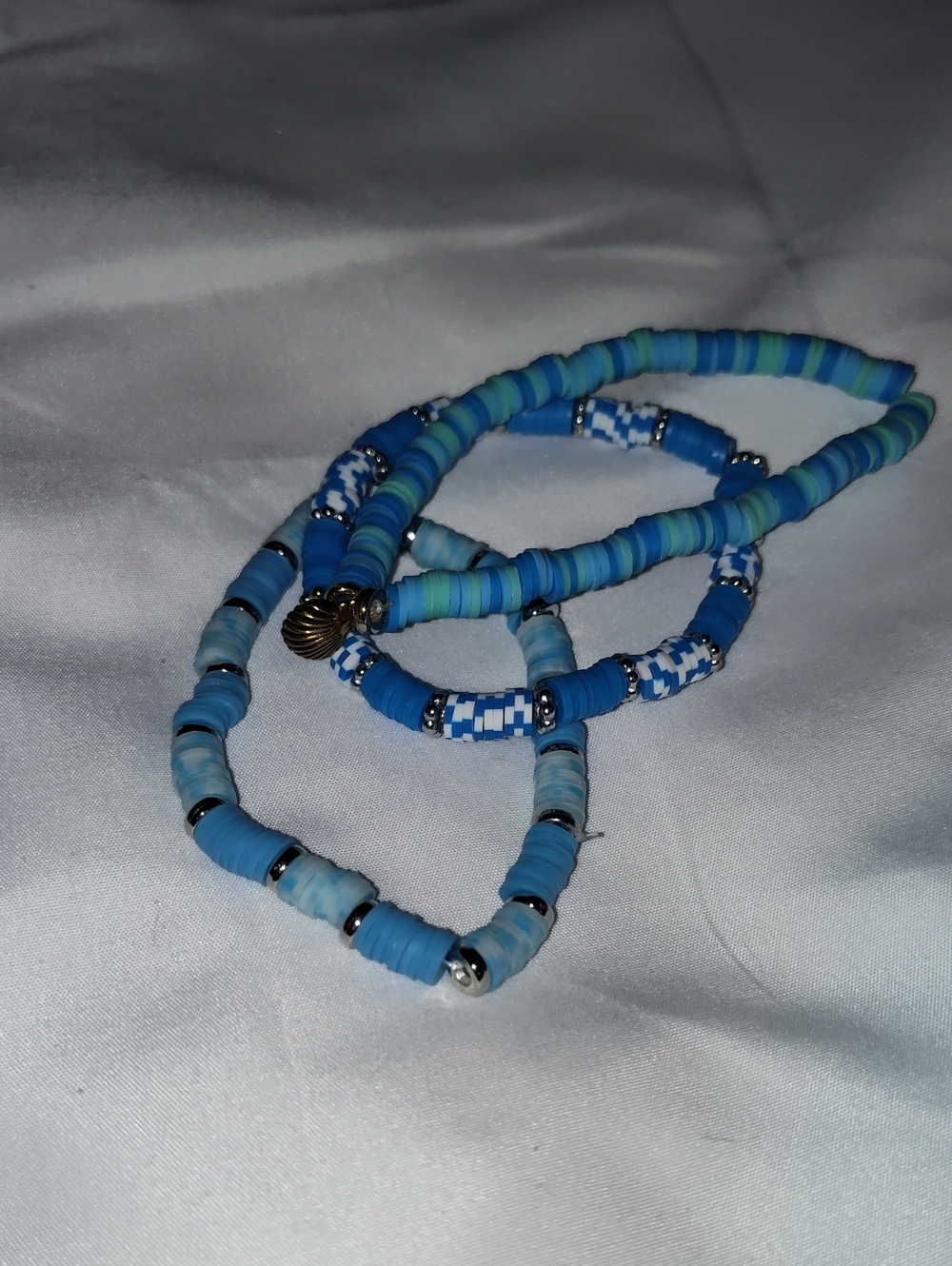 Blue Multi-Bead Stretch Bracelet Set with Shell Accent